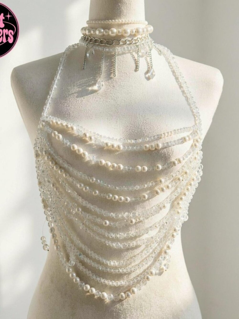 Y2K 2000s style White pearl halter top with beaded straps and chain details